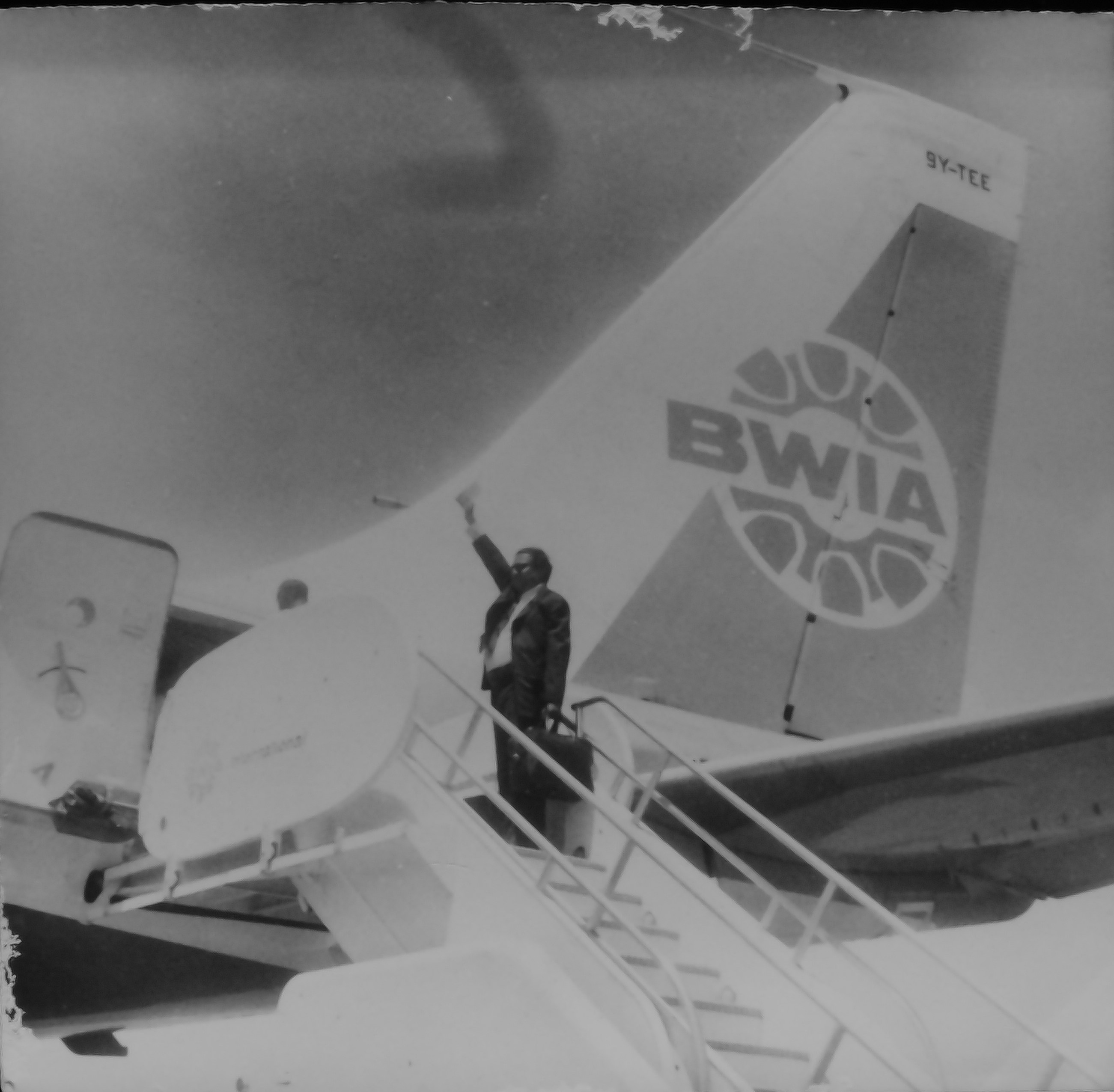 Prof. Hari Shanker Adesh boarding a BWIA aircraft in 1976 on his journey to India from Trinidad
